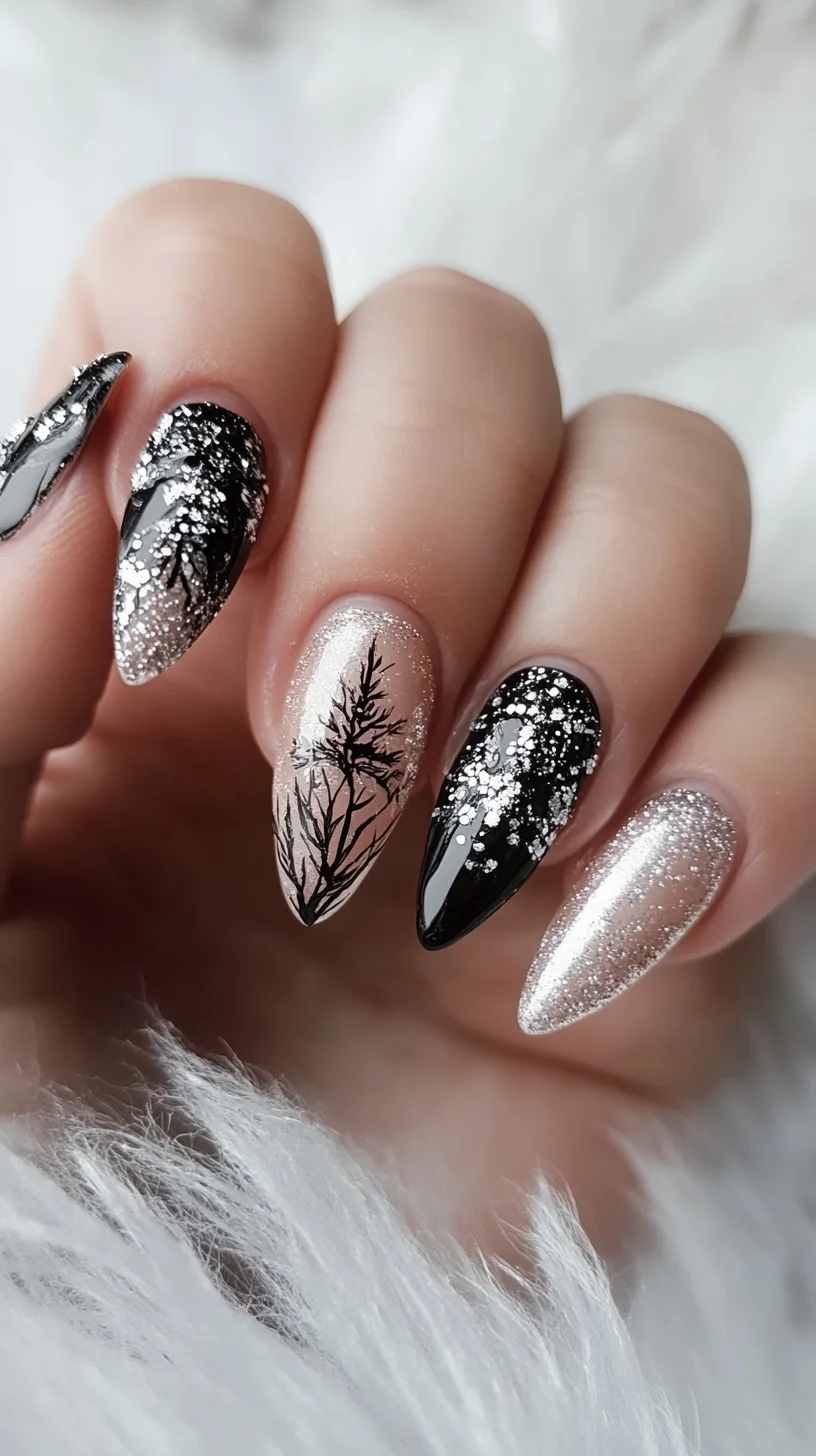 Enchanting Winter Wonderland: Sparkling Black and Silver Nail Art