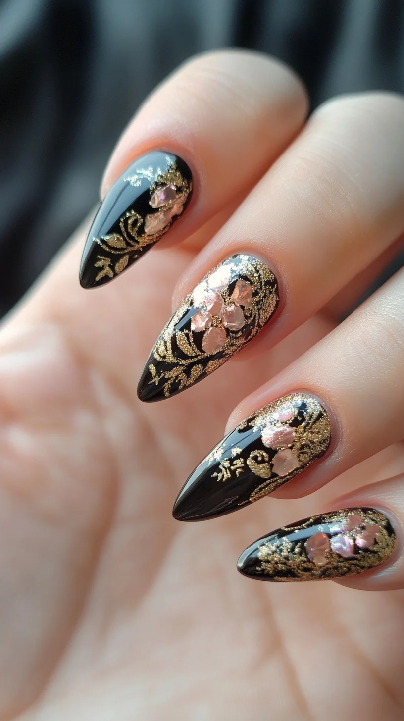 Exquisite Black and Gold Floral Nail Art for a Glamorous Look
