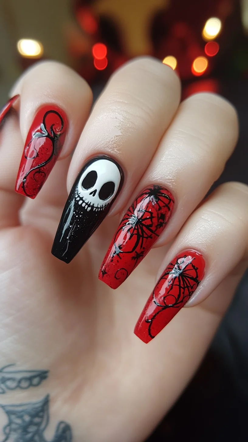 Eye-Catching Gothic Glam: Bold Red and Black Nail Art for a Spooky Statement