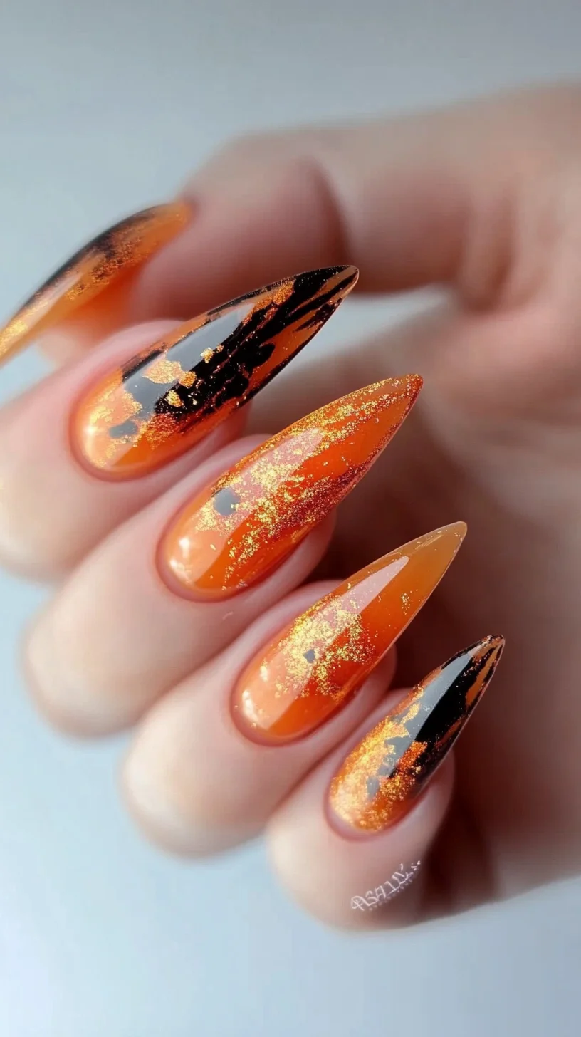 Eye-Catching Pumpkin Spice Nails with Glittering Accents for Fall Elegance