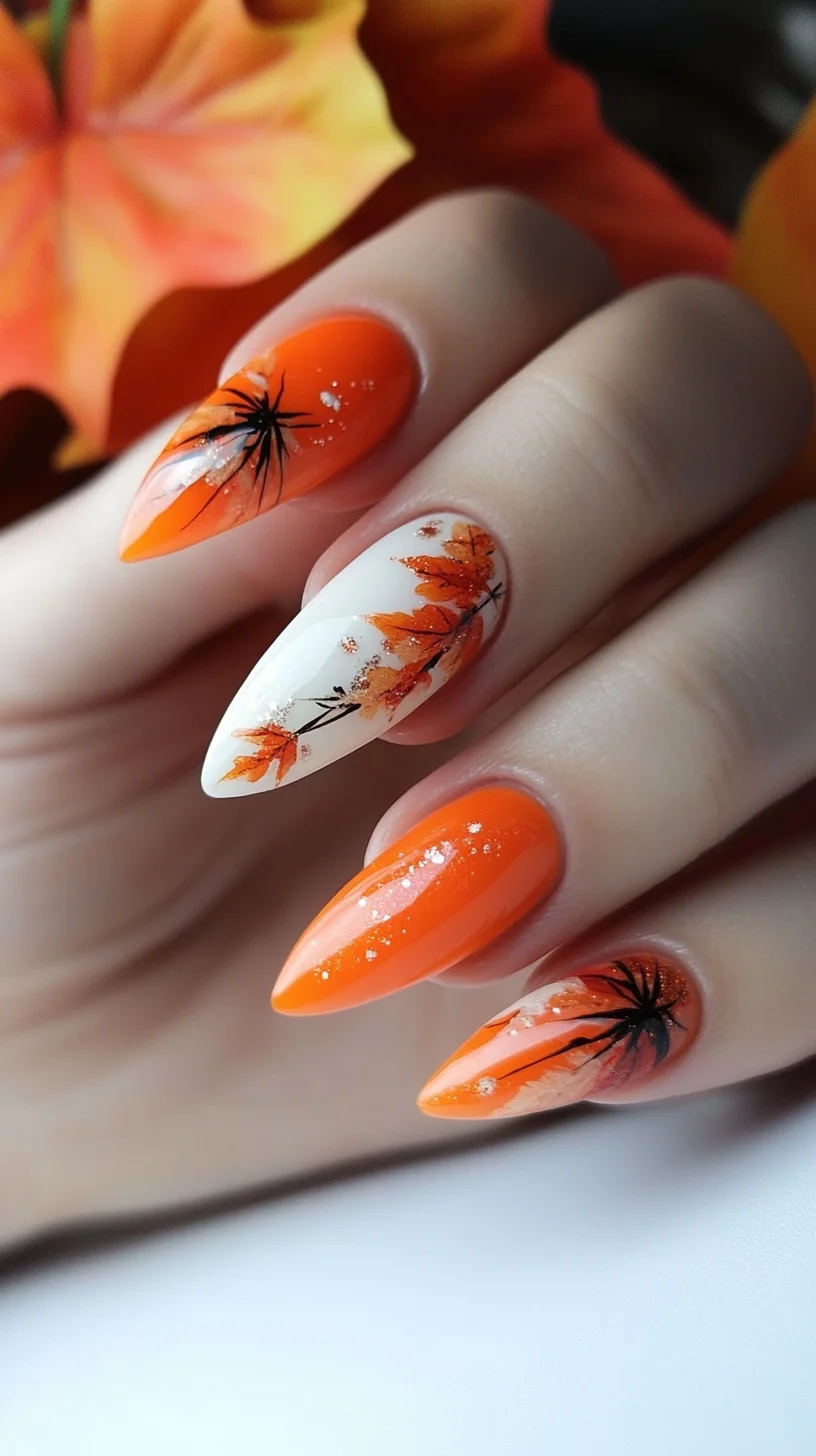 Fall Elegance: Captivating Orange and Autumn Leaf Nail Art for Seasonal Charm
