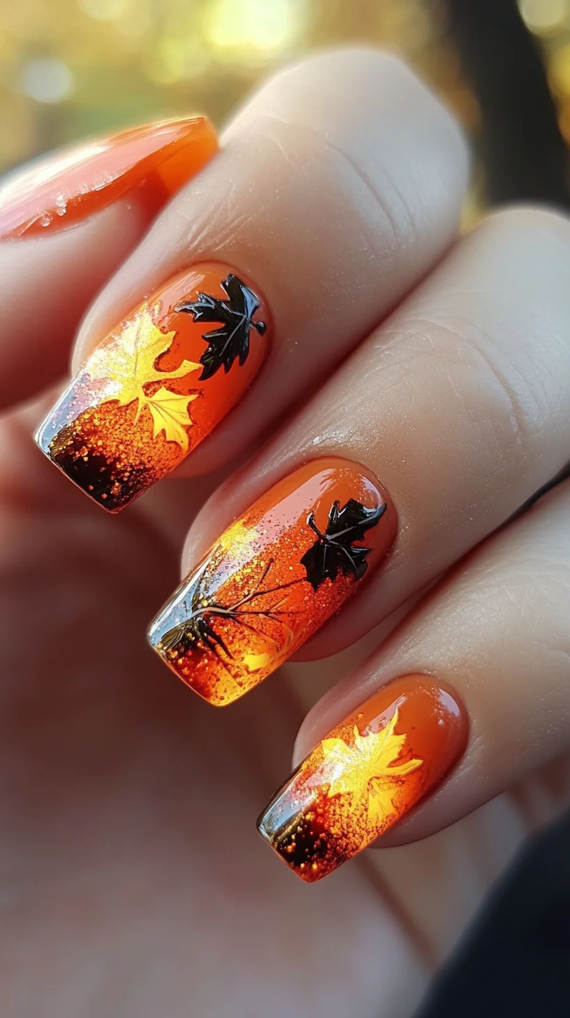 Fall-Inspired Ombre Nails with Elegant Leaf Designs