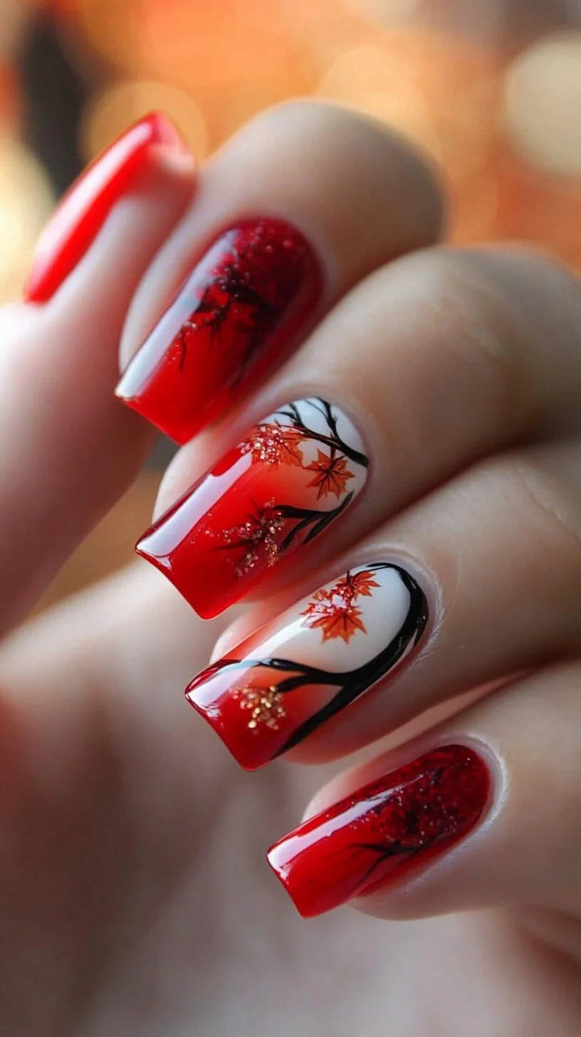 Fall-Inspired Red Ombre Nails with Playful Maple Leaf Accents