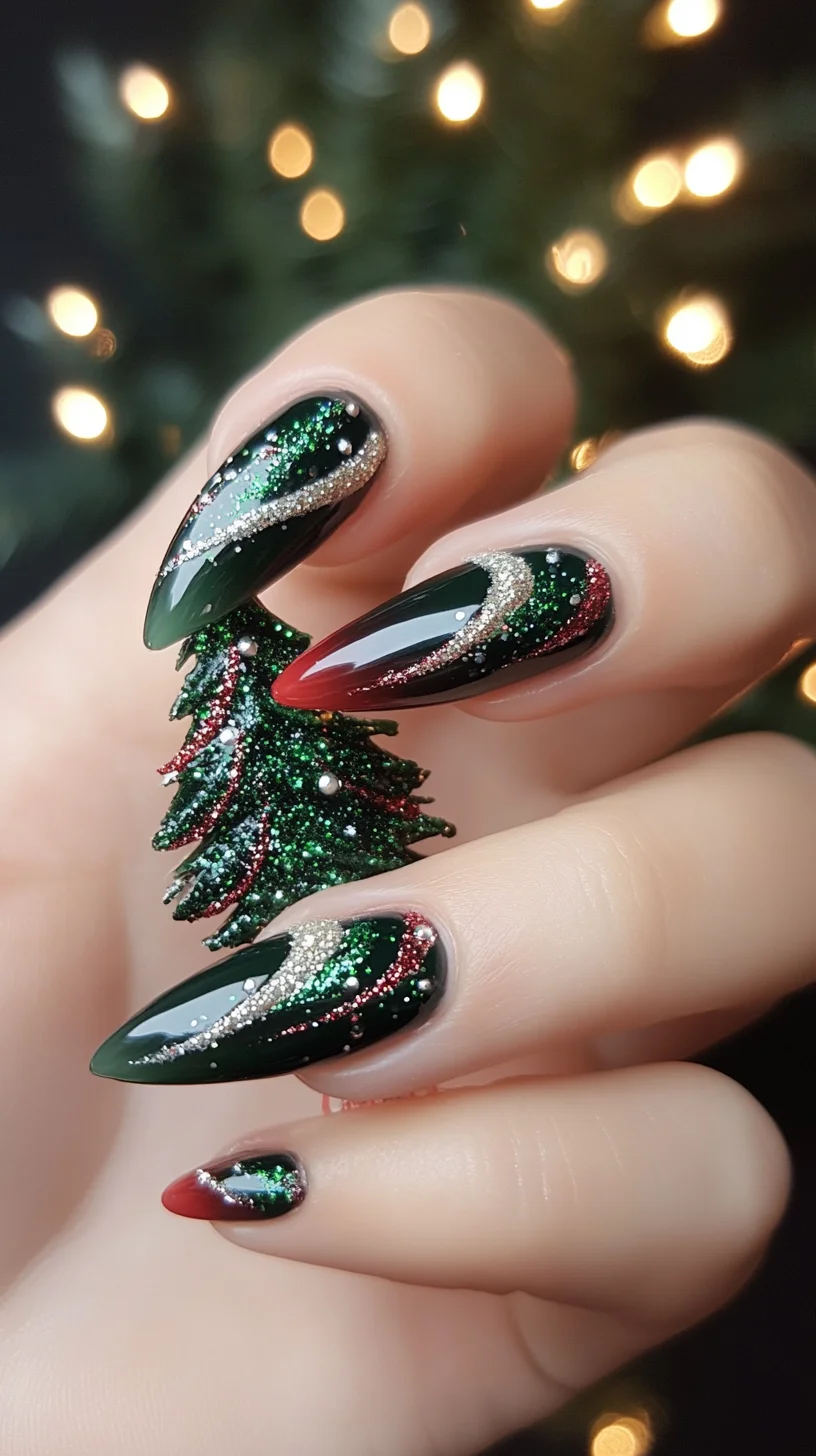 Festive Charm: Stunning Holiday Nail Art with Glittery Green Glamour