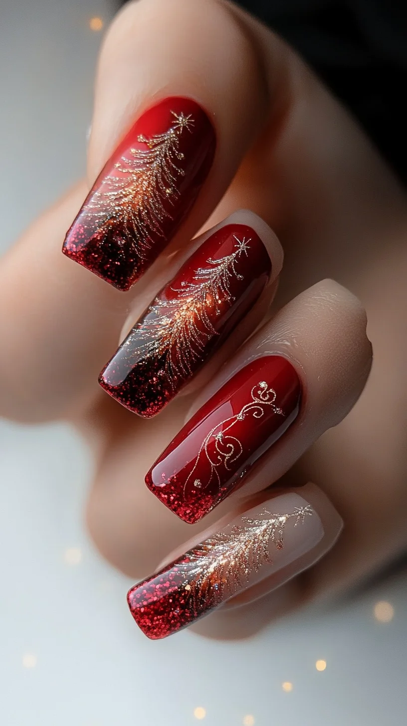 Festive Elegance: Dazzling Red and Gold Tree Nail Art for a Glamorous Holiday Look