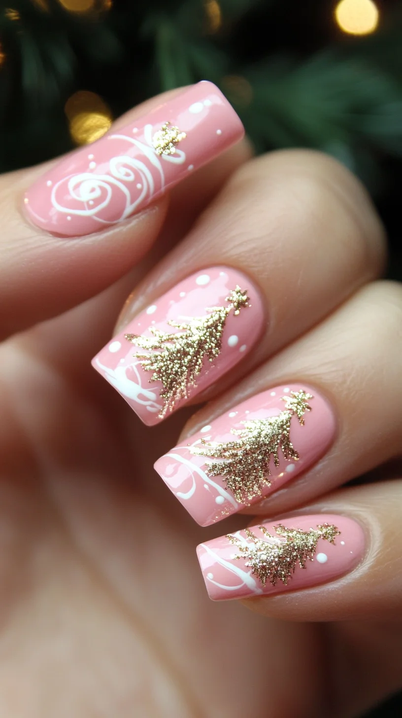 Festive Elegance: Sparkling Gold & Pink Christmas Nail Art