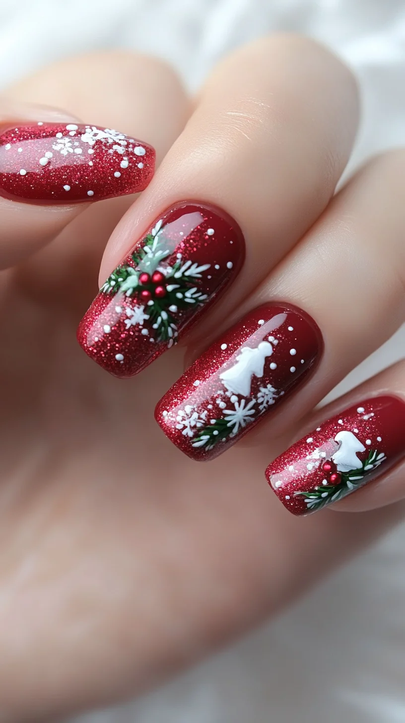 Festive Elegance: Sparkling Red and Holiday Charm Nail Art