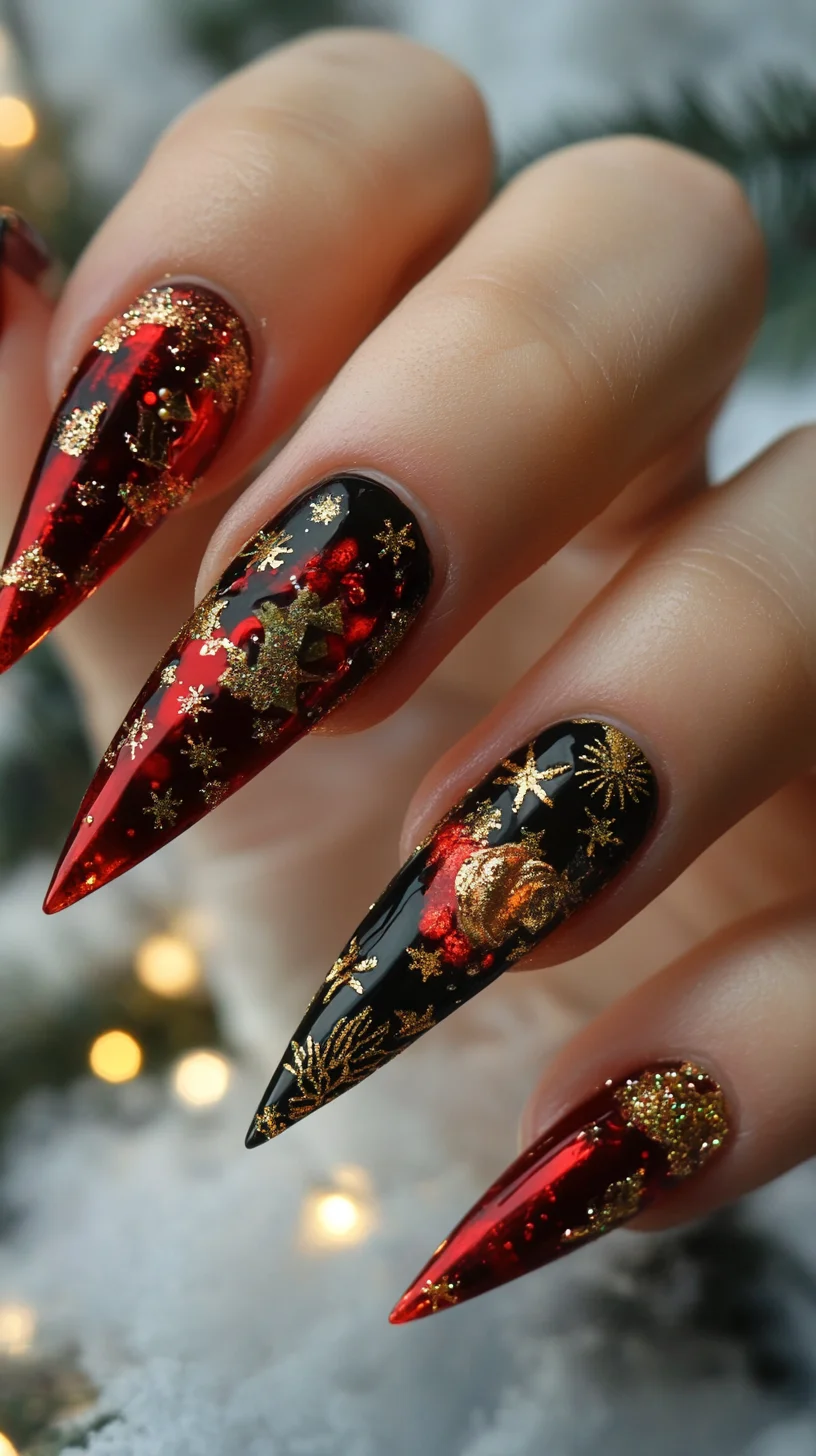 Festive Elegance: Stunning Red and Gold Holiday Nail Art