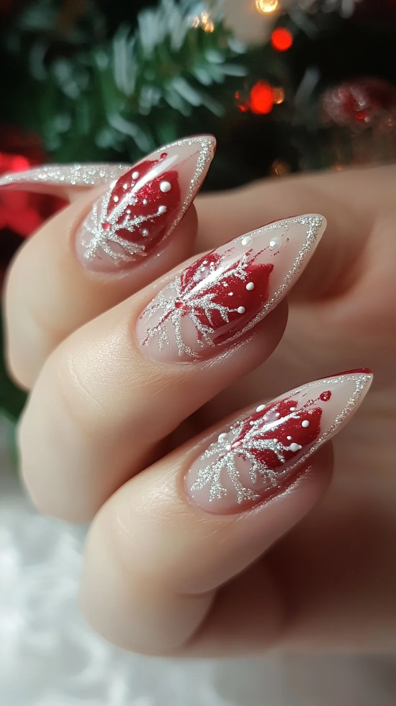 Festive Elegance: Stunning Red and Silver Leaf-Inspired Nail Art
