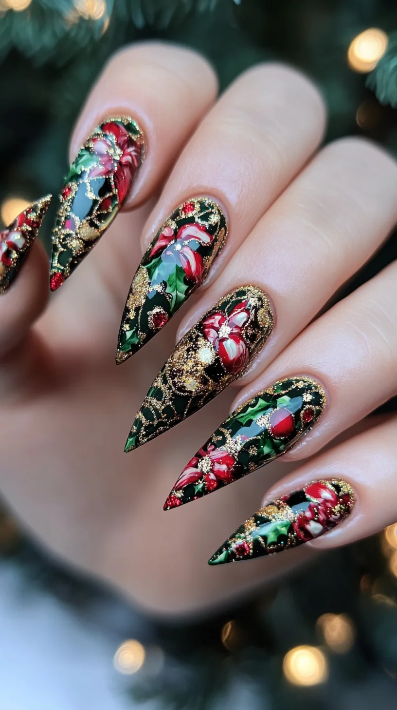 Festive Floral Elegance: A Glamorous Nail Art for the Holiday Season