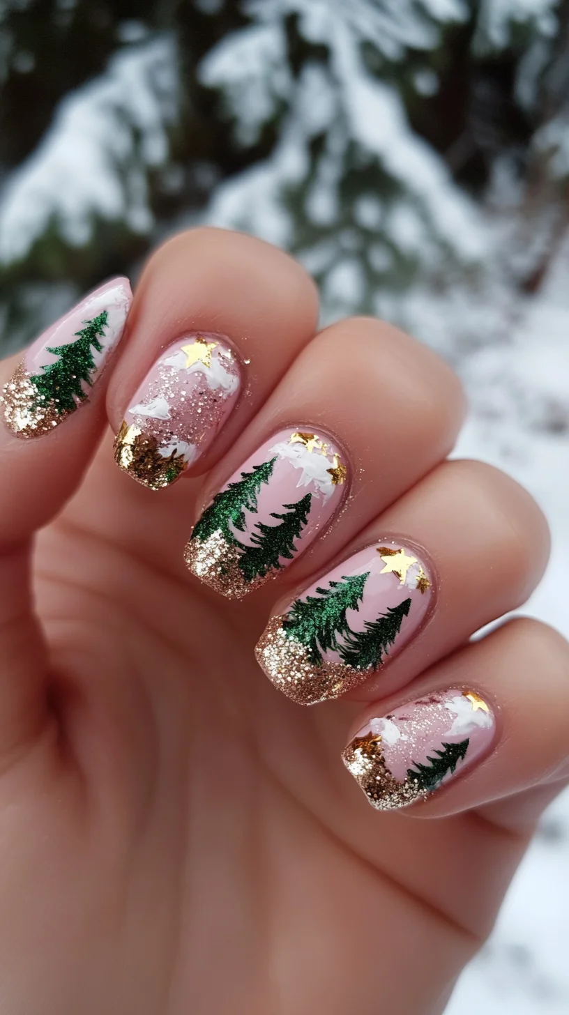 Festive Forest Glam: Embrace Nature with Glittery Holiday Nails!