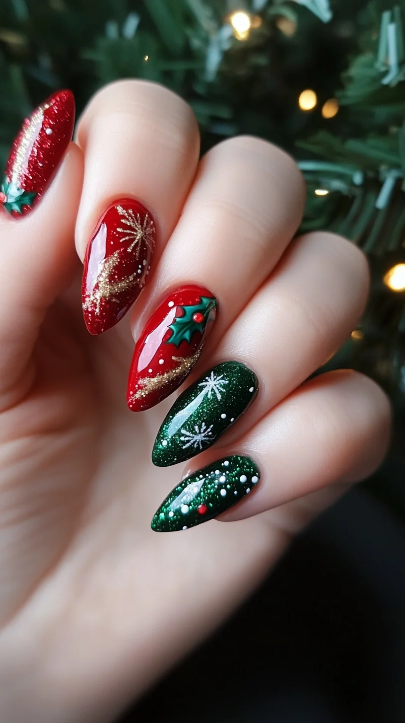 Festive Frost: Glamorous Holiday Nail Art with Sparkling Green and Red