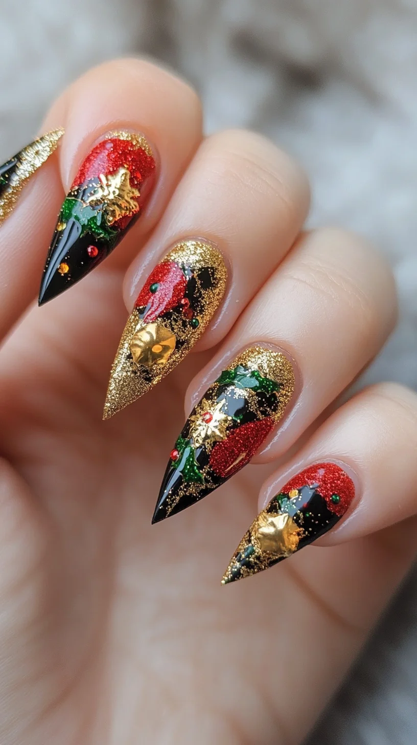 Festive Glam: Dazzling Holiday Stiletto Nails with Gold and Red Sparkle
