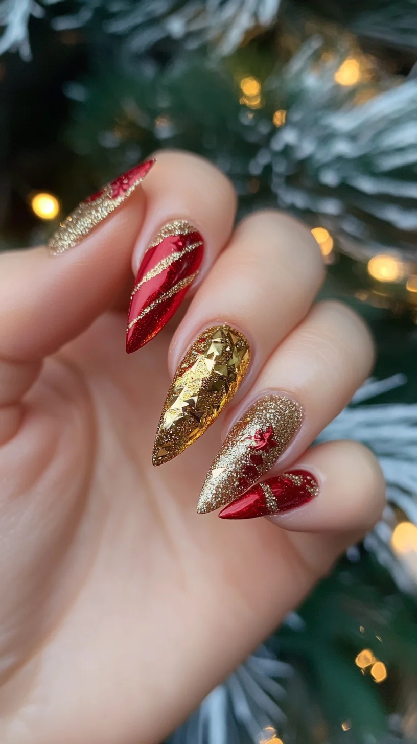 Festive Glam: Dazzling Red and Gold Holiday Nail Design