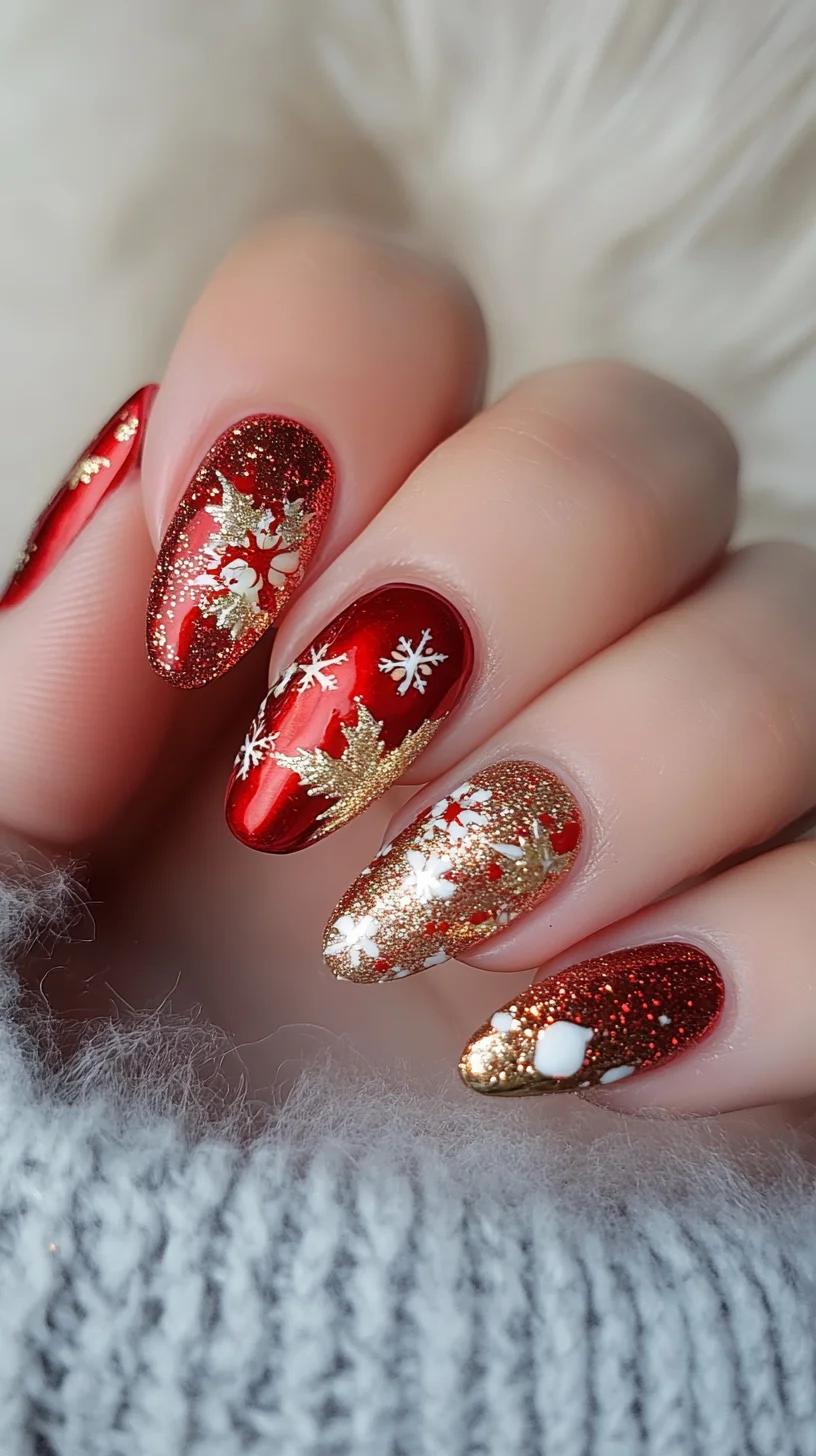 Festive Glam: Dazzling Red and Gold Nail Art for a Perfect Holiday Look