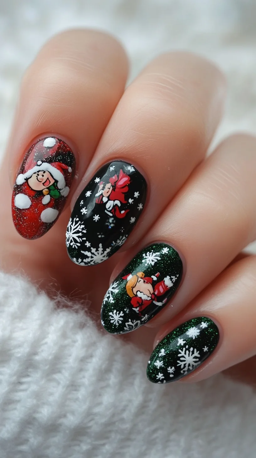 Festive Glam: Enchanting Holiday Nail Art with Cheerful Characters