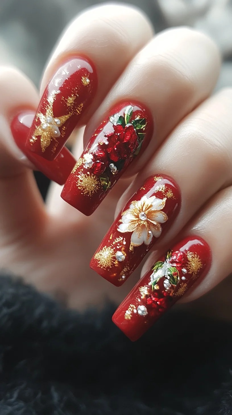 Festive Glam: Stunning Red Nails Embellished with Winter Floral Designs