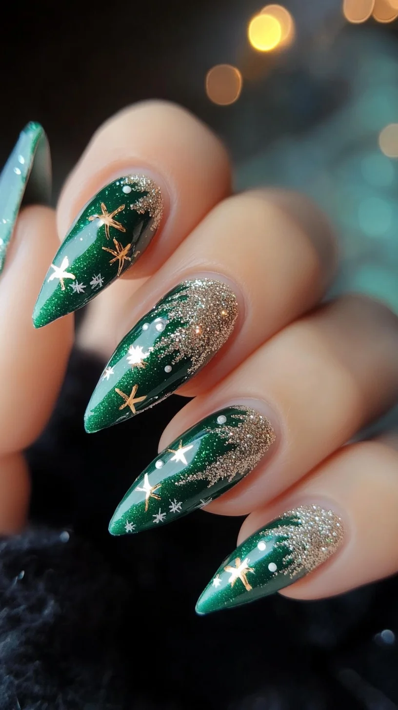 Festive Green Elegance: Dazzling Holiday Nails with Glamorous Glitter