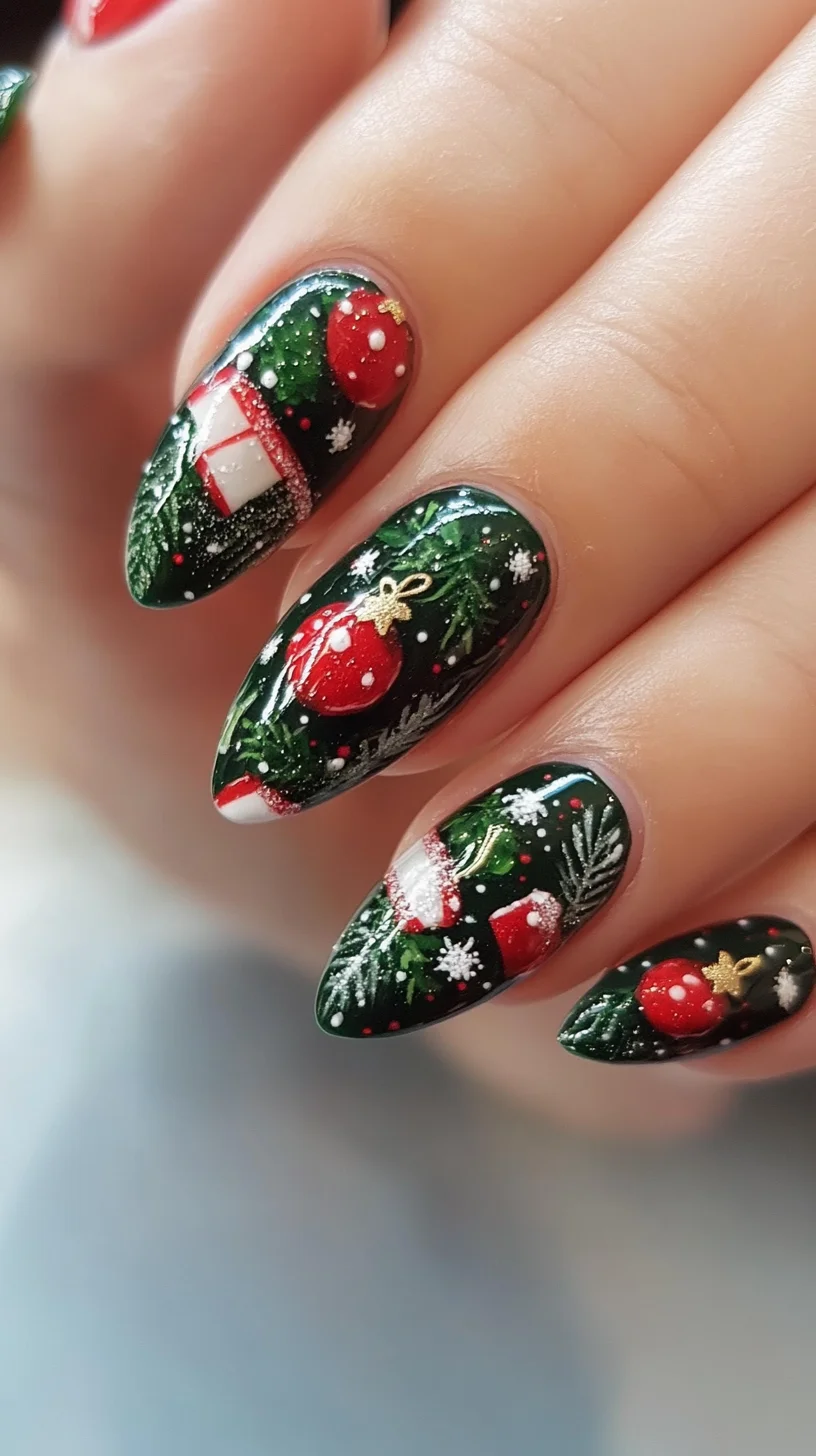 Festive Holiday Glam: Sparkling Green and Red Christmas Nail Art
