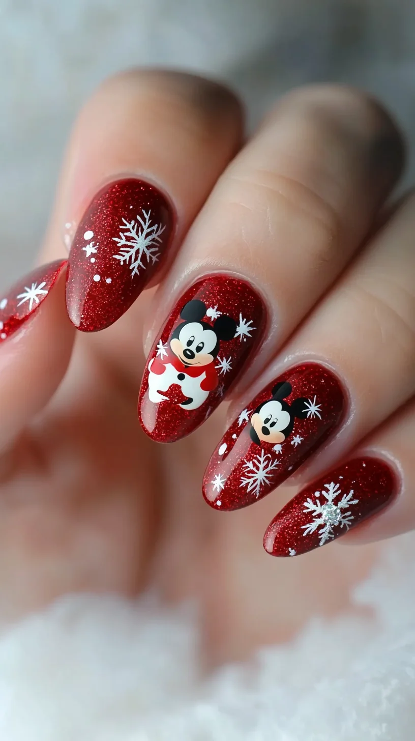 Festive Holiday Glam: Sparkling Red & Whimsical Mickey Mouse Nail Art