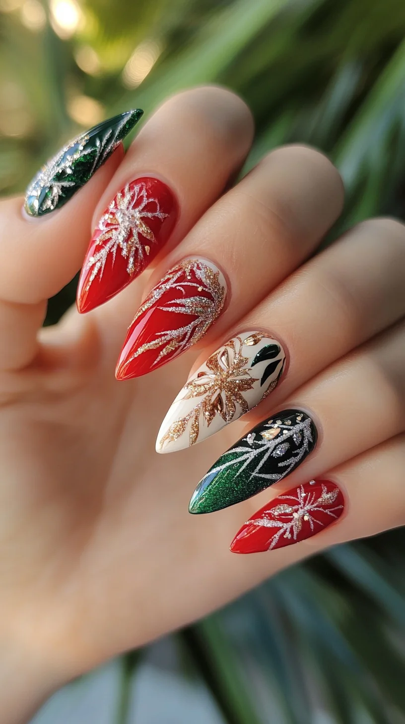 Festive Nail Art: Elegant Holiday Designs in Red, Green, and Gold