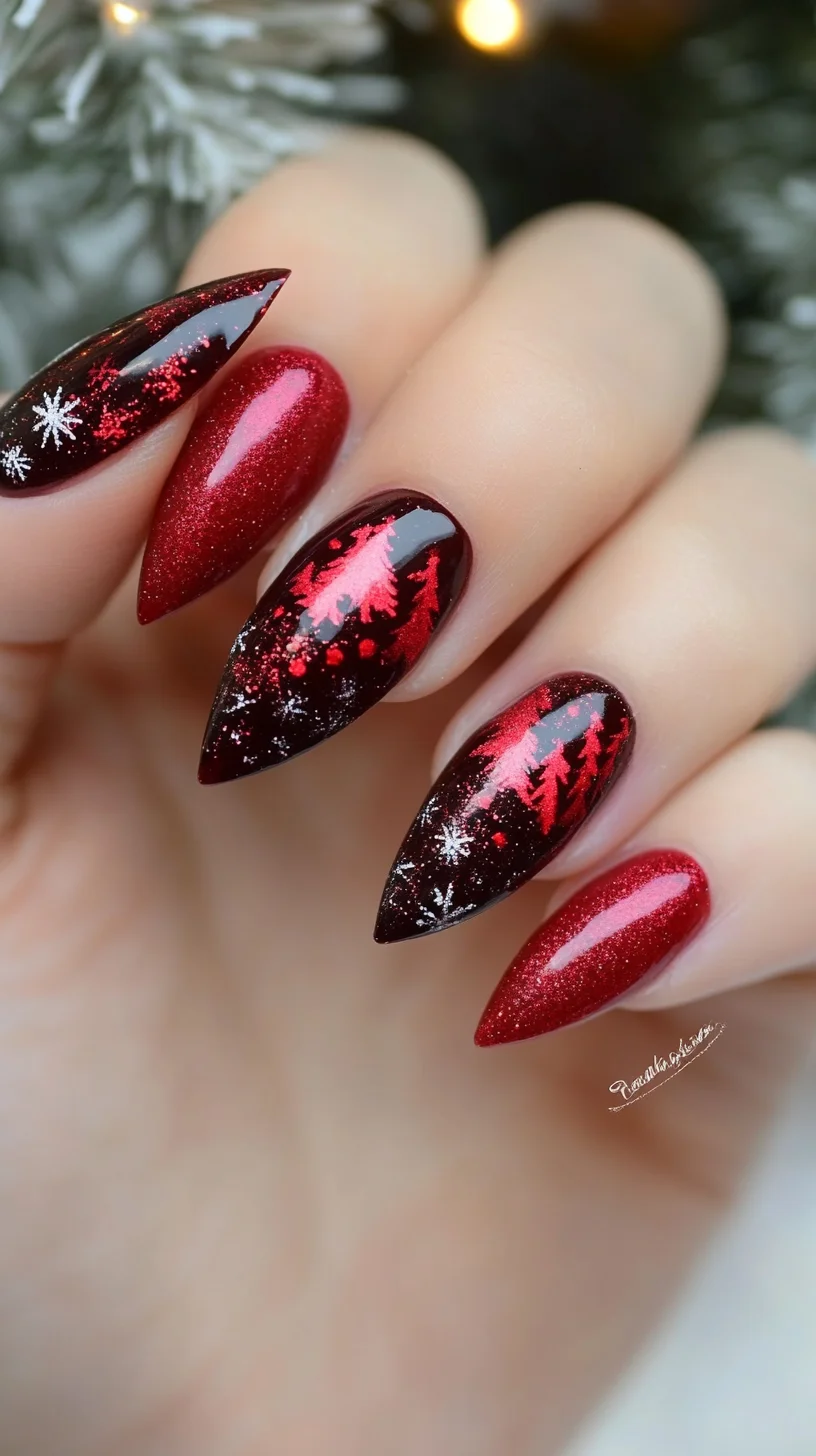 Festive Red Elegance: Stunning Holiday Nail Art with Glittering Snow Accents