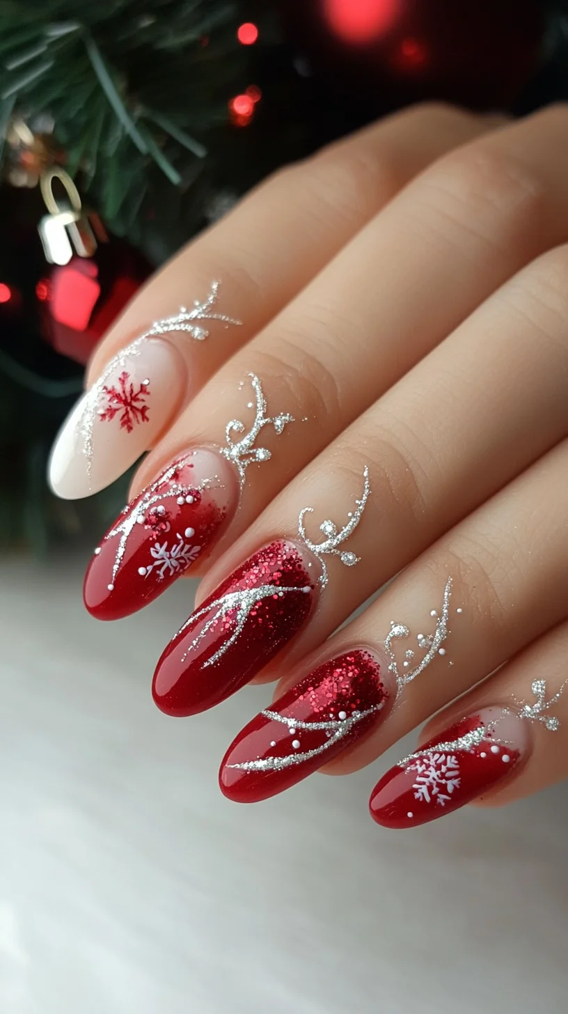 Festive Red & White Nail Art with Sparkling Snowflakes for the Perfect Holiday Look