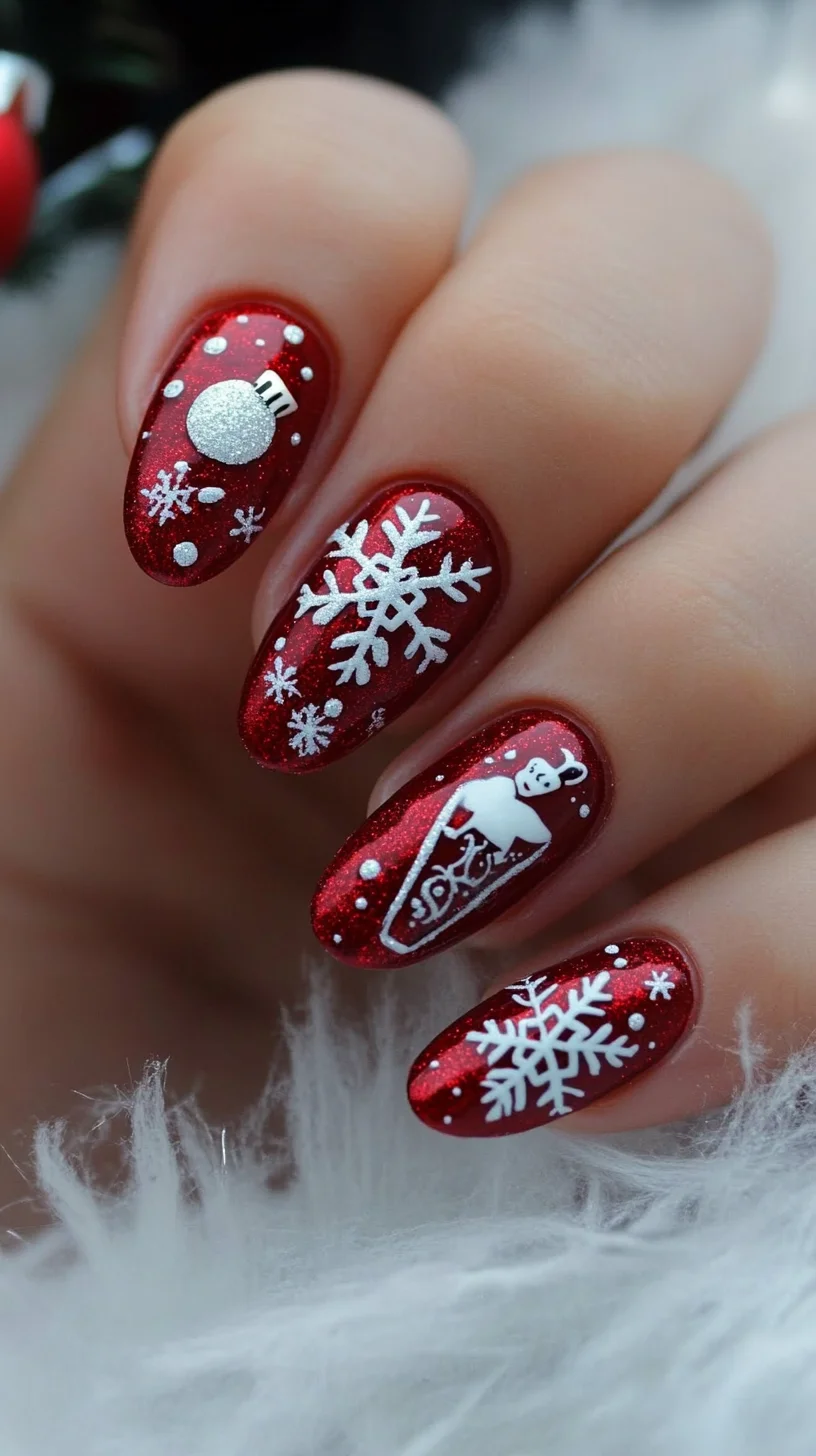 Festive Winter Wonderland: Sparkling Red & Whimsical Snowflakes Nail Art
