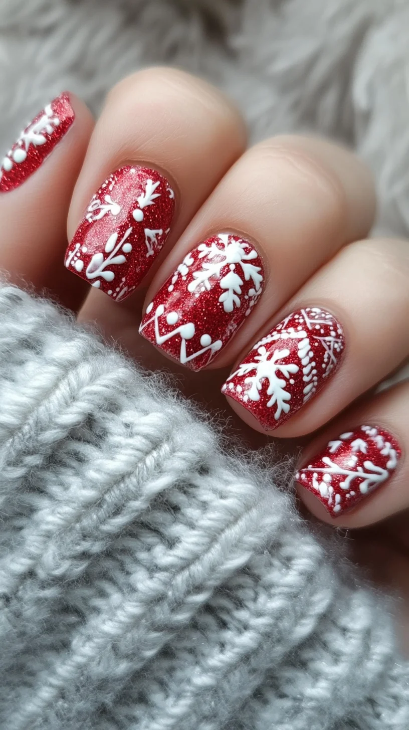 Festive Winter Wonderland: Sparkly Red Nails with Snowflake Elegance