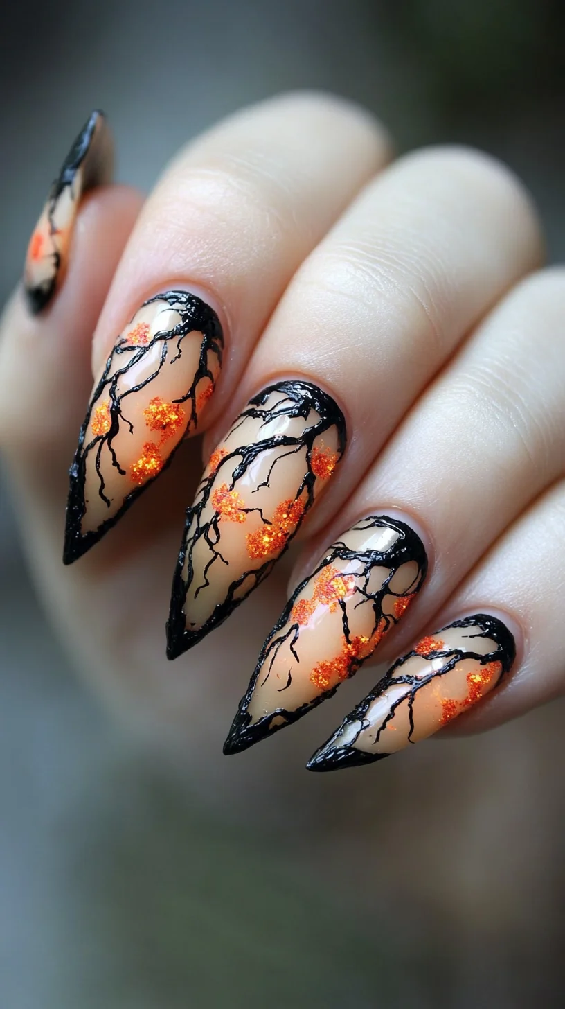 Fiery Lava Nails: Embrace the Bold Fusion of Black and Orange Elegance