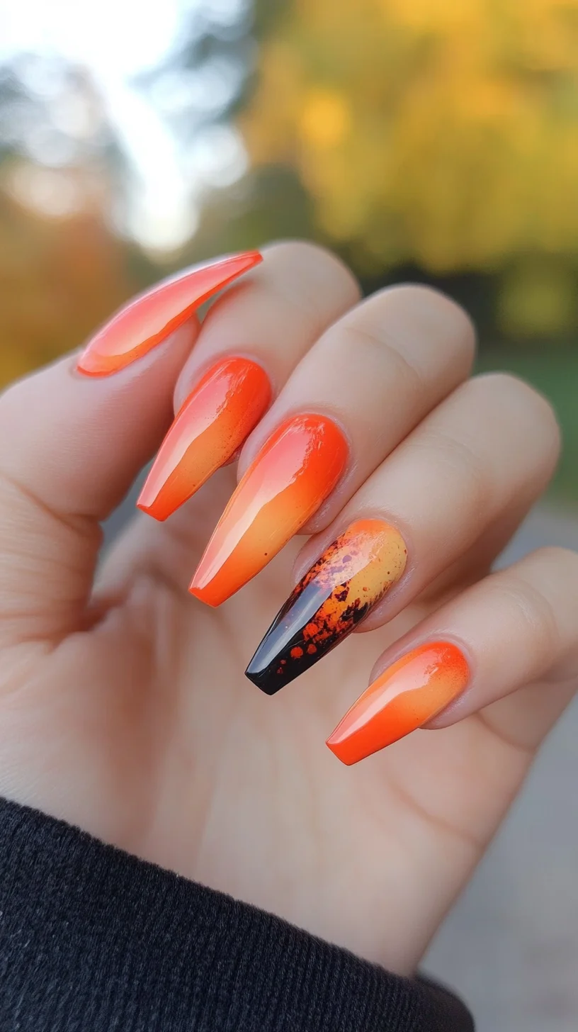 Fiery Ombré Elegance: Bold Orange and Black Nail Art