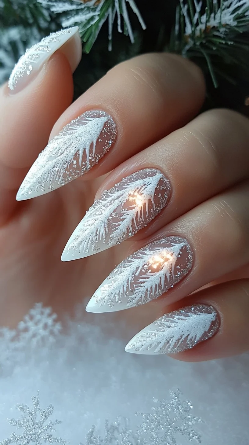 Frosted Elegance: Captivating Winter Nail Art with Intricate Leaf Designs