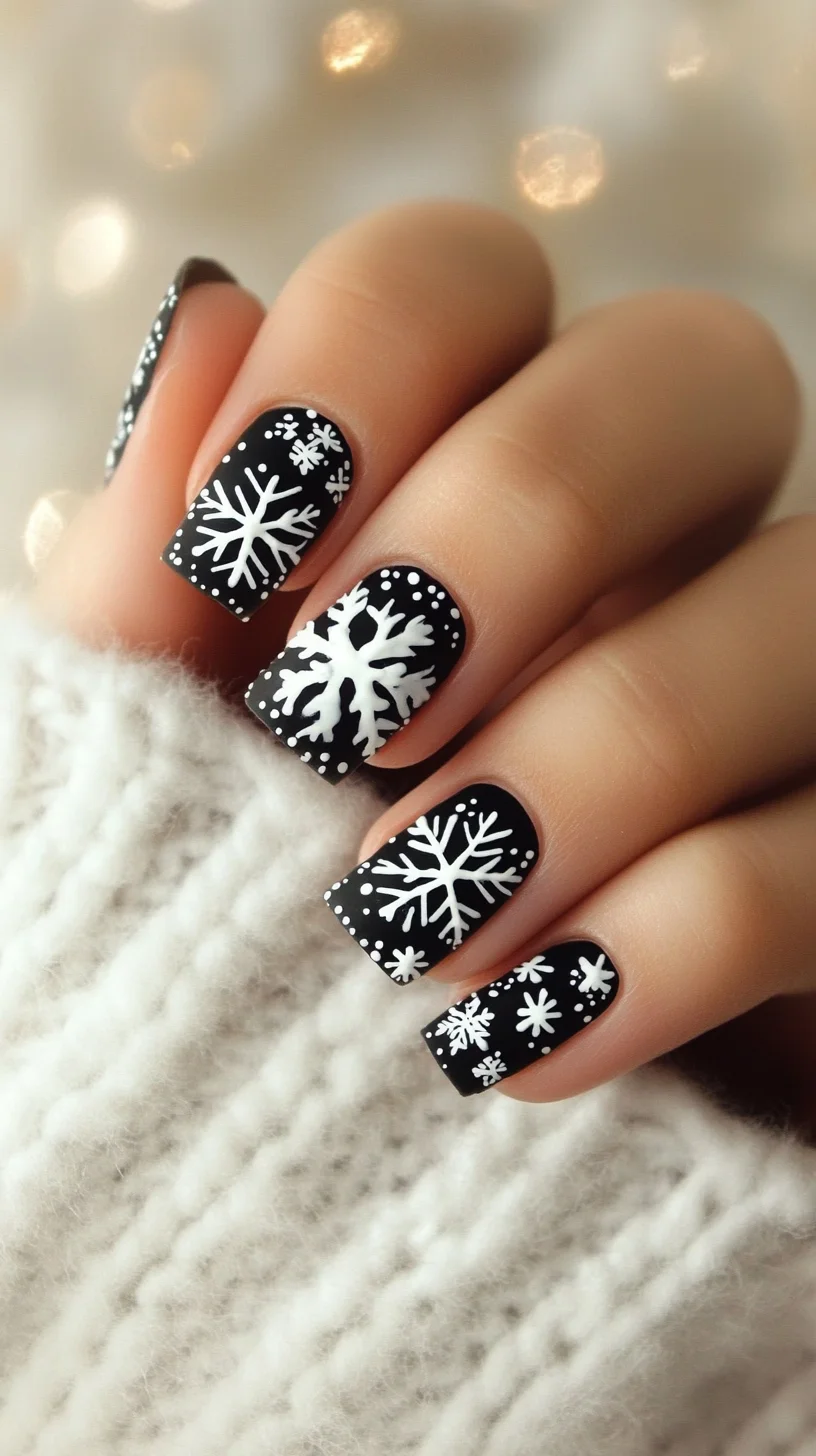 Frosty Elegance: Chic Black and White Snowflake Nail Art for Winter Wonders