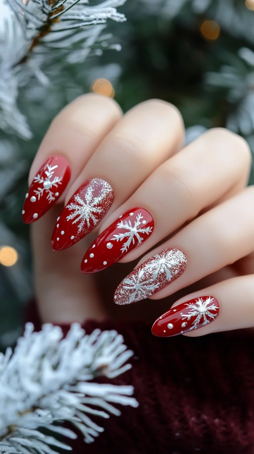 Glam Up Your Winter: Stunning Red and Gold Snowflake Nail Art