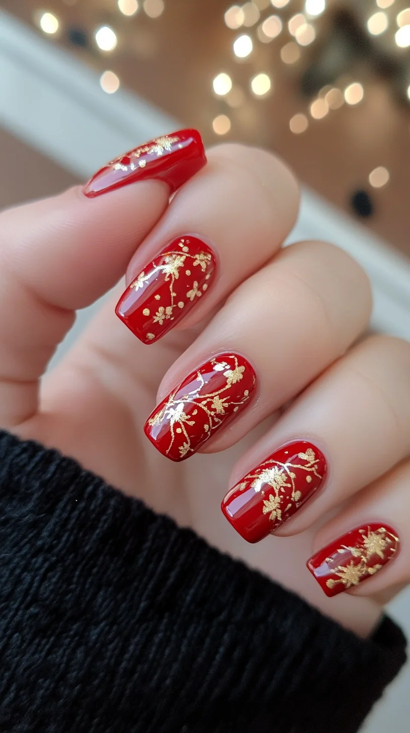 Glamorous Crimson with Elegant Gold Florals: A Nail Art Masterpiece!
