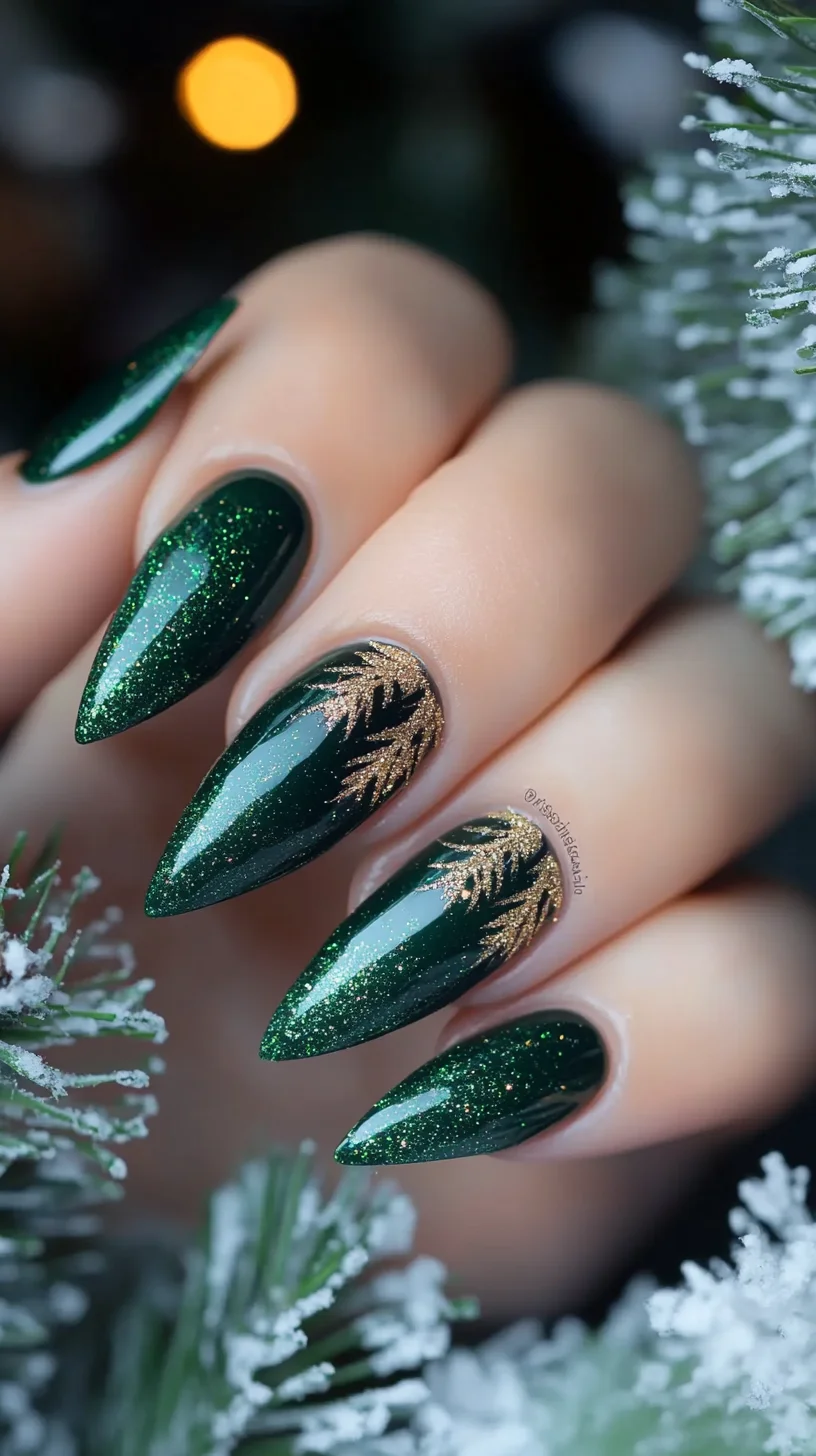 Glamorous Emerald Green Nails with Gold Accents for a Festive Touch