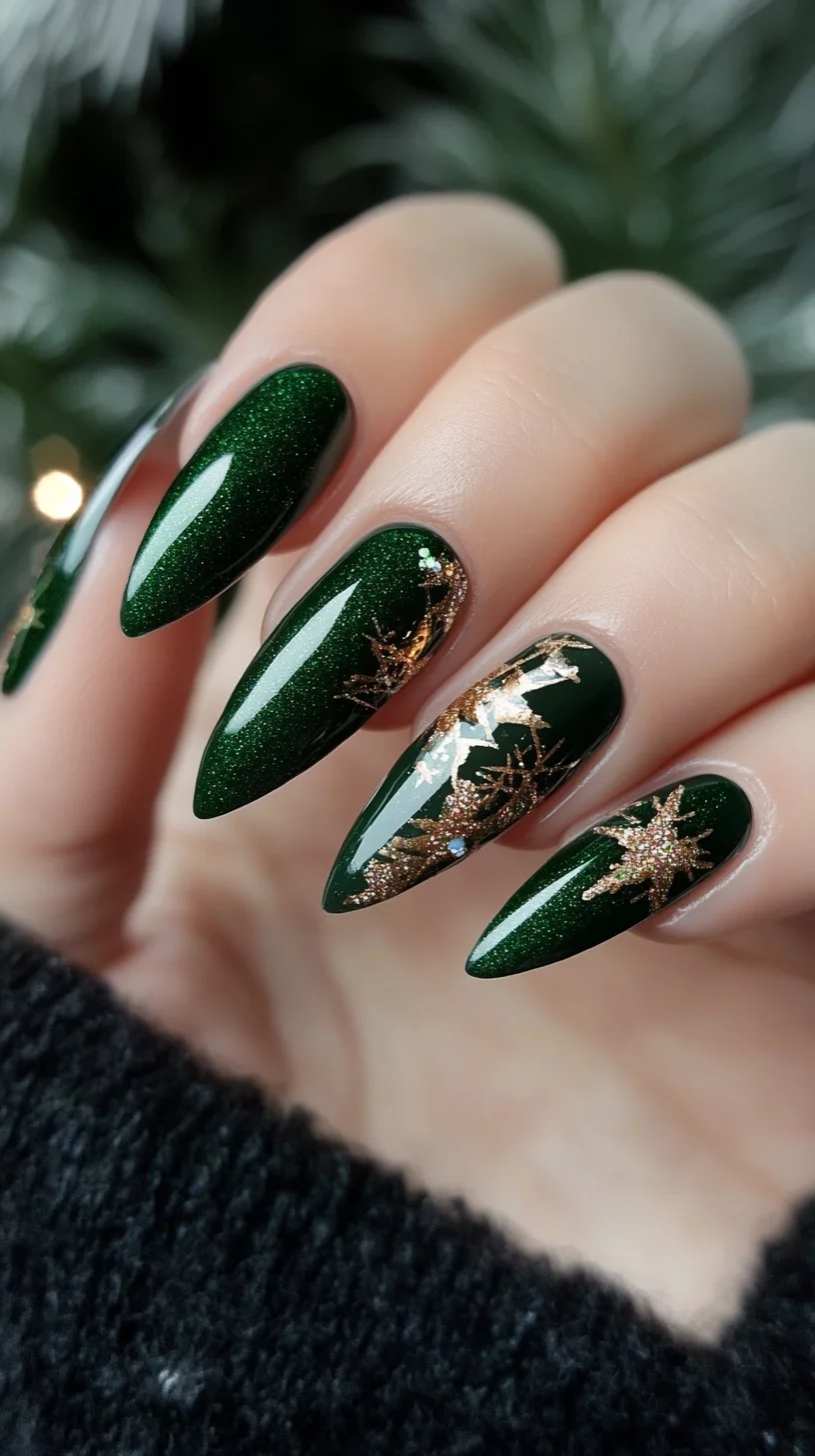 Glamorous Green Stiletto Nails with Glittering Gold Accents
