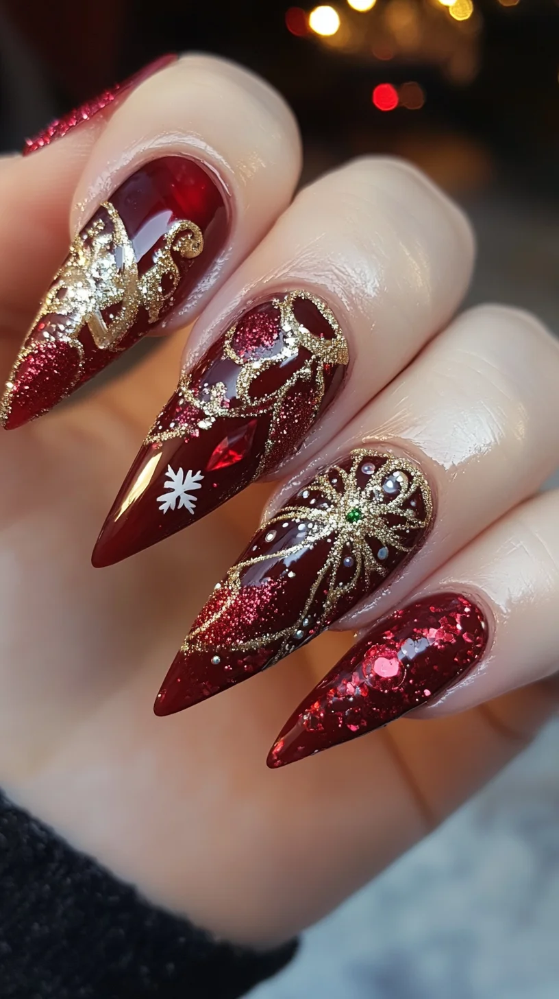Glamorous Holiday Nail Design: Sparkling Red with Golden Elegance