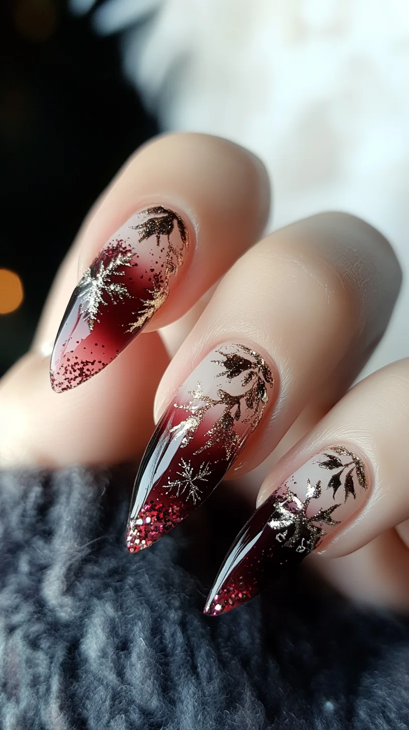 Glamorous Ombre Elegance: Captivating Claret and Gold Nail Art