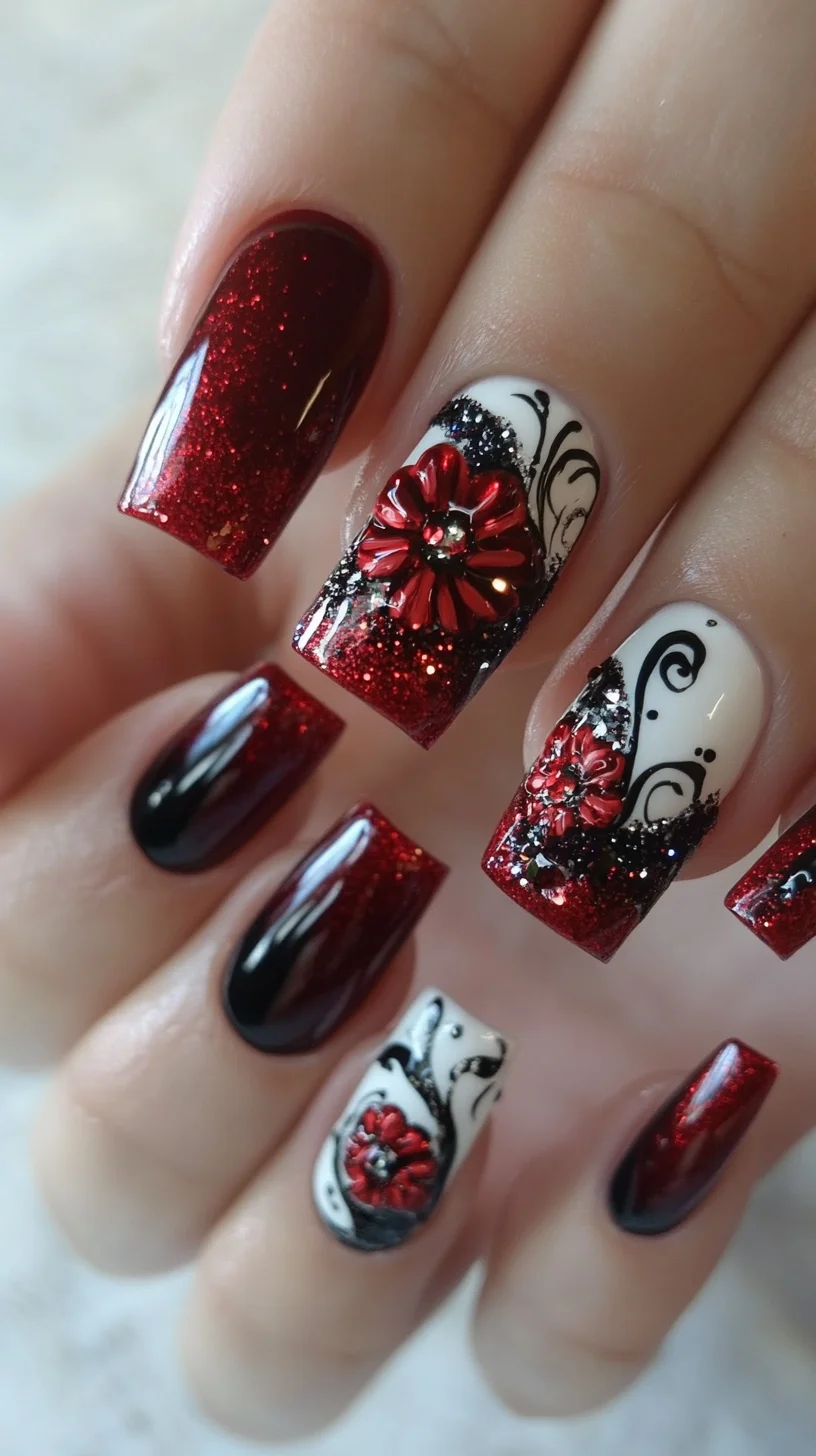 Glamorous Red and Black Floral Nail Art: Perfect for Making a Statement