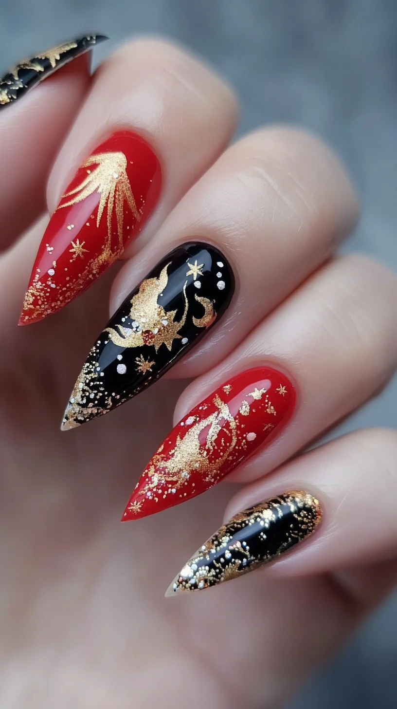 Glamorous Red and Black Stiletto Nails with Sparkling Gold Accents