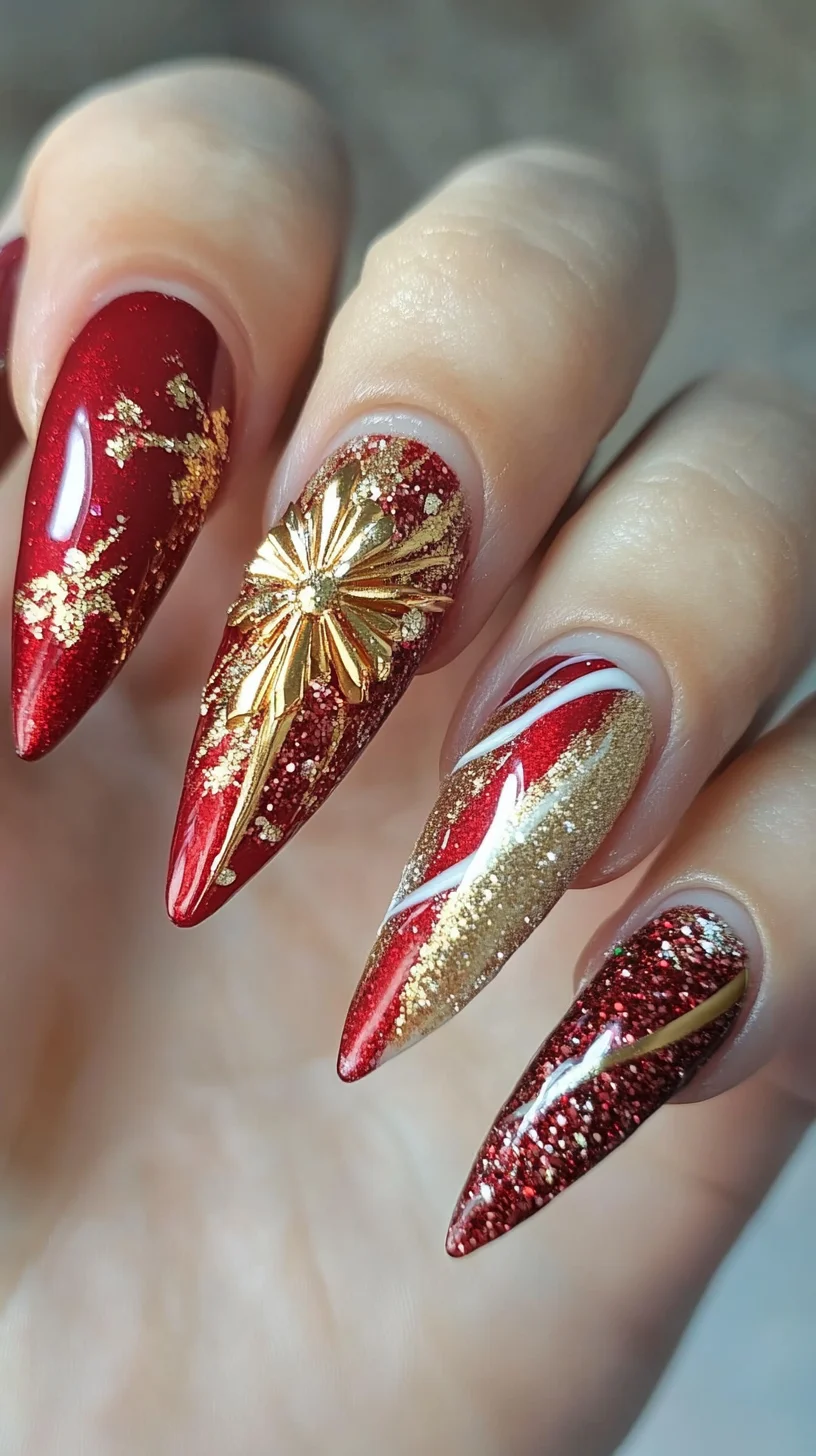 Glamorous Red and Gold Stiletto Nails for a Bold Statement