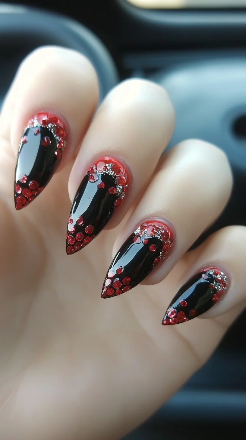 Glamorous Spiked Elegance: Bold Black and Fiery Red Nail Art