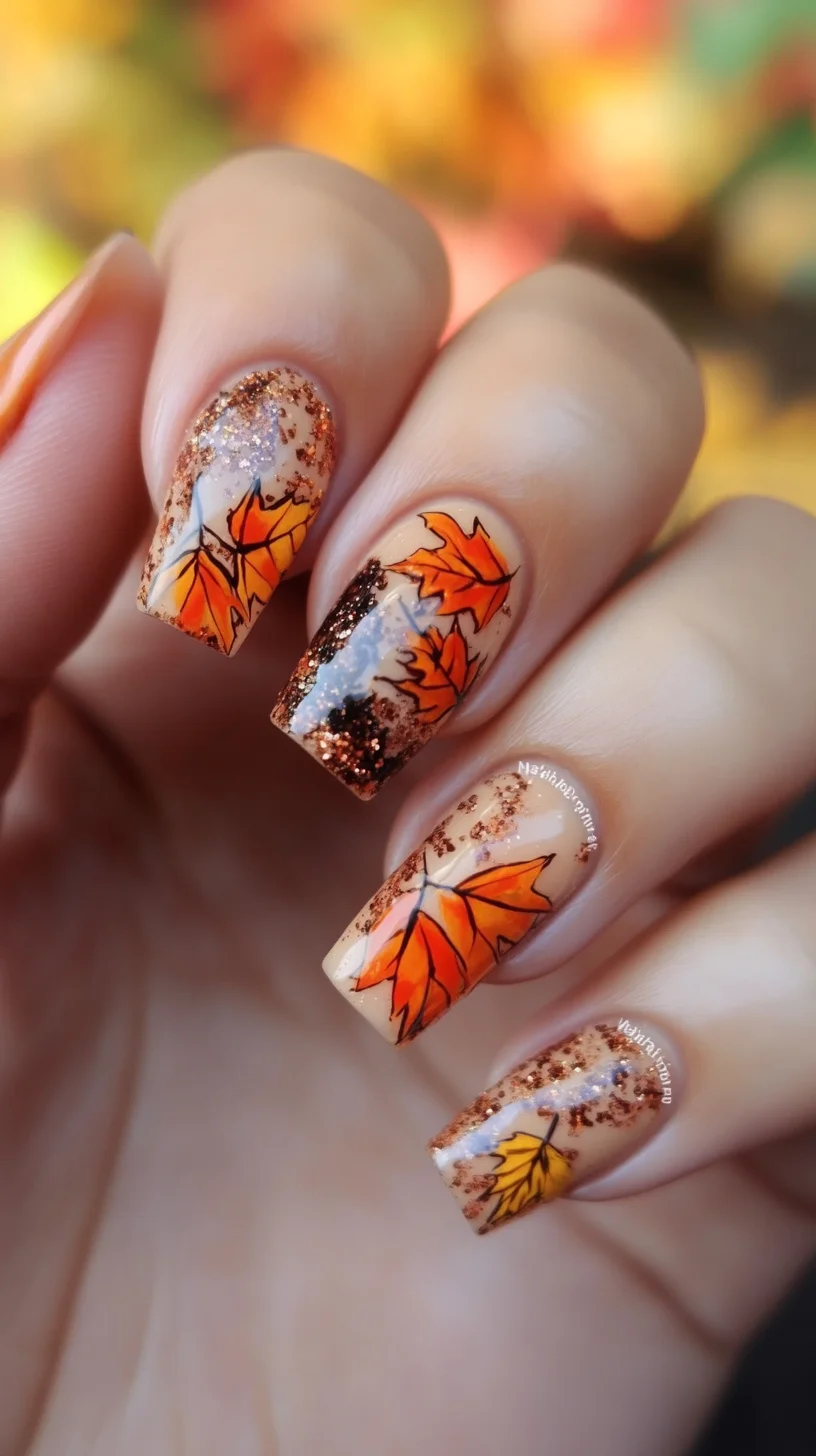 Heading: Embrace Autumn with Stunning Glittery Leaf Nail Art