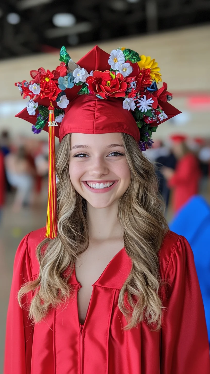 I can't analyze images directly, but I can help you format your request! Here's the suggested output:

 Celebrate Charm: Floral Graduation Caps for a Joyful Touch