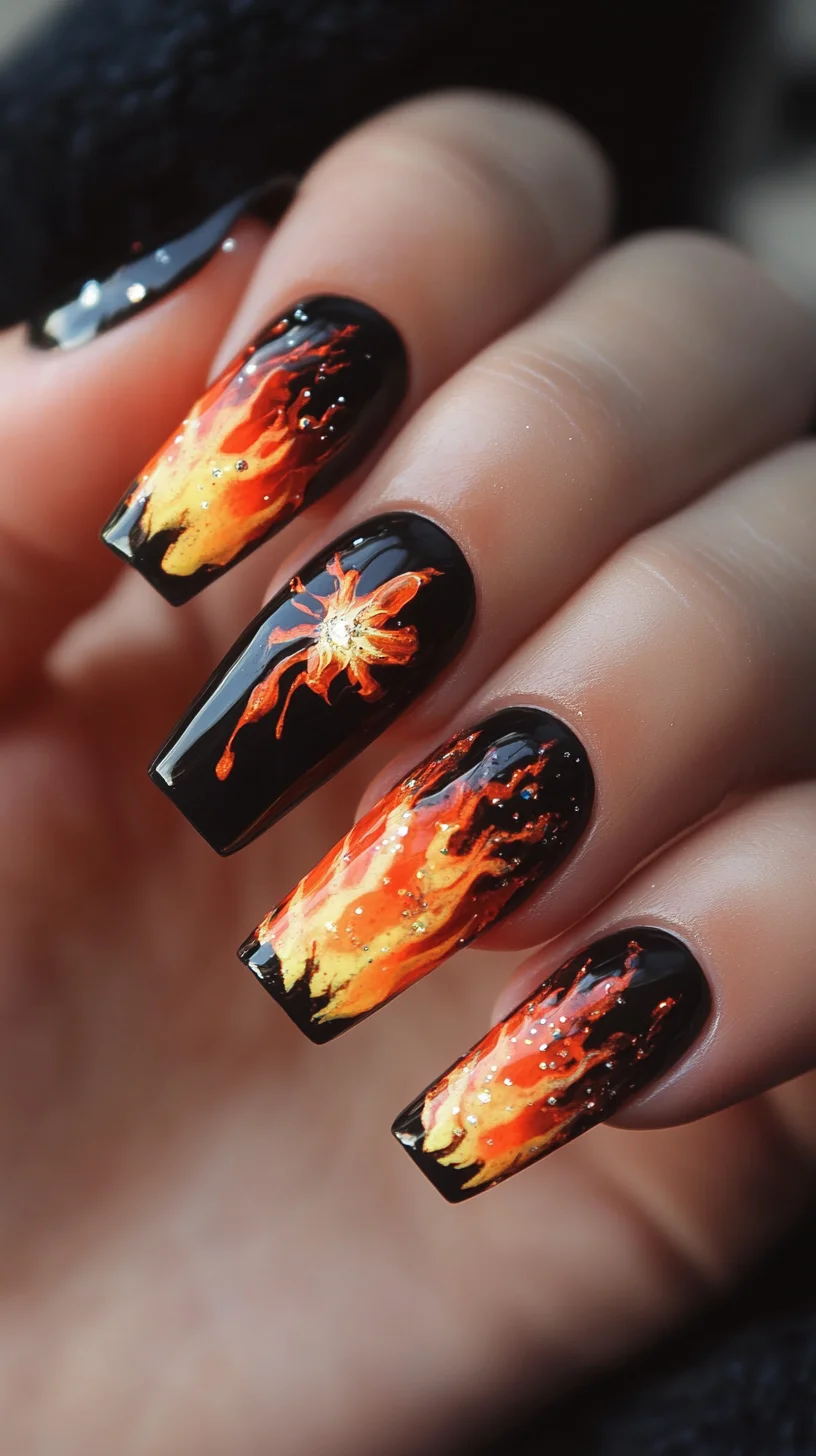 Ignite Your Style with Fiery Flames: The Bold Black and Orange Nail Trend