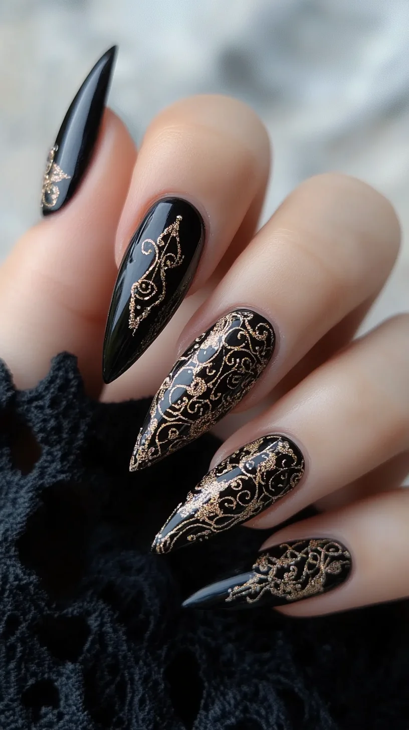 Illuminate Your Style with Glamorous Black and Gold Stiletto Nails