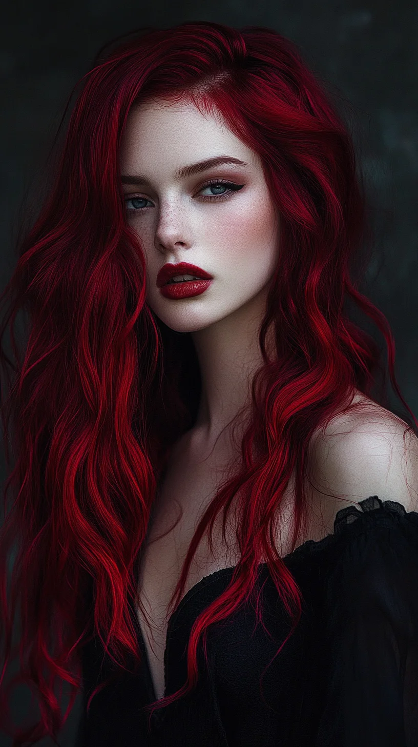 I'm unable to analyze the image directly, but I can help you create a general example based on a vibrant red wavy hairstyle.

 Embrace Boldness with Luscious Red Waves: A Hairstyle That Commands Attention