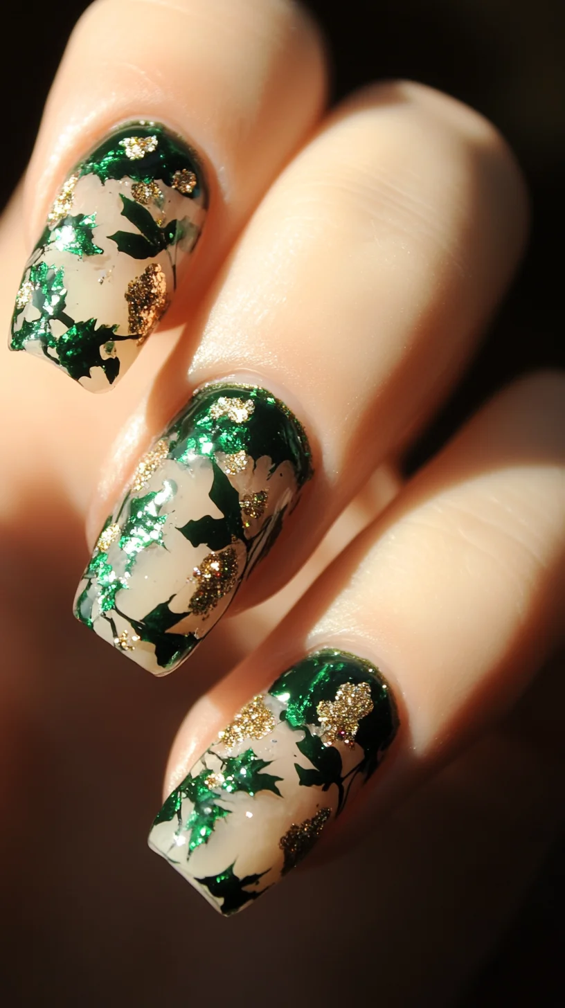 Lush Greenery: Embrace Nature with Glamorous Gold Accents in Nail Art