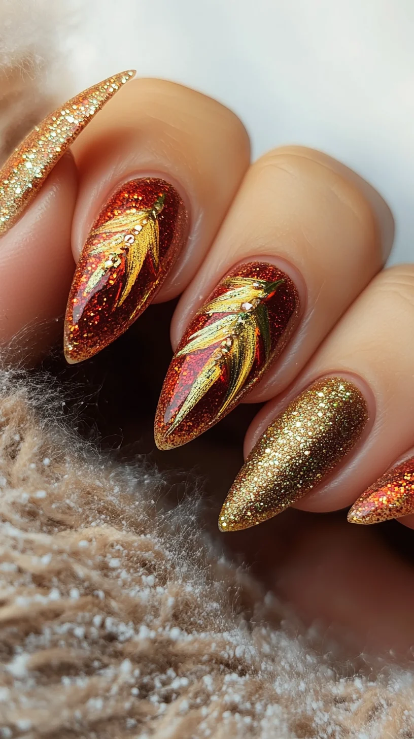 Mesmerizing Autumn Elegance: Glossy Glitter with Leafy Accents
